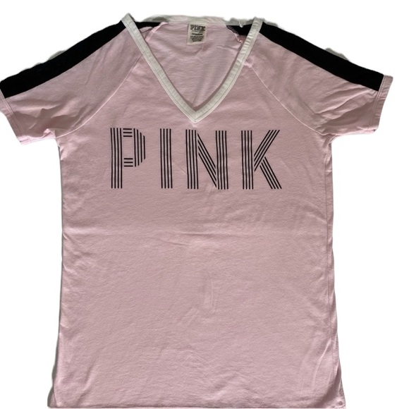 PINK Victoria’s Secret PINK T-SHIRT Varsity Style T-shirt Pink Black Stripe - Picture 6 of 12